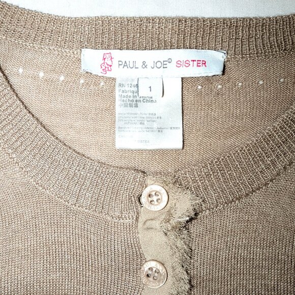 Paul & Joe Sister	| Anthropologie Beige Tan Cardigan with Silk Trim | Size Small - Picture 3 of 10